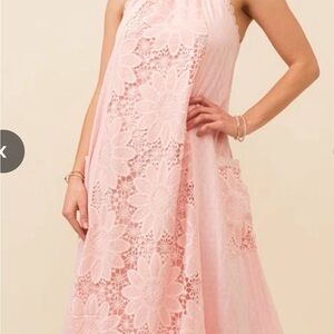 Just Me Light Pink Floral Crochet Halter Maxi Dress